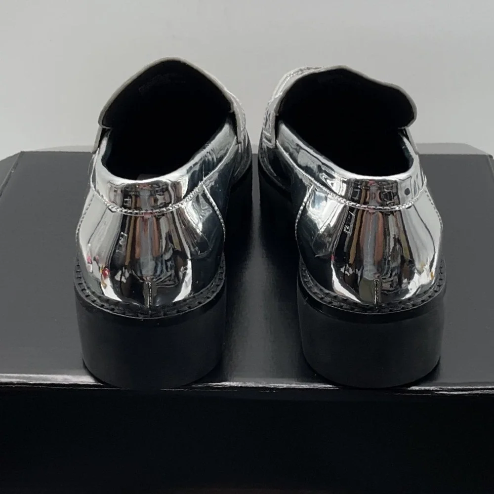 Tory Burch Metallic Silver Lug Sole Loafers Double T Logo Platform Shoes 6M